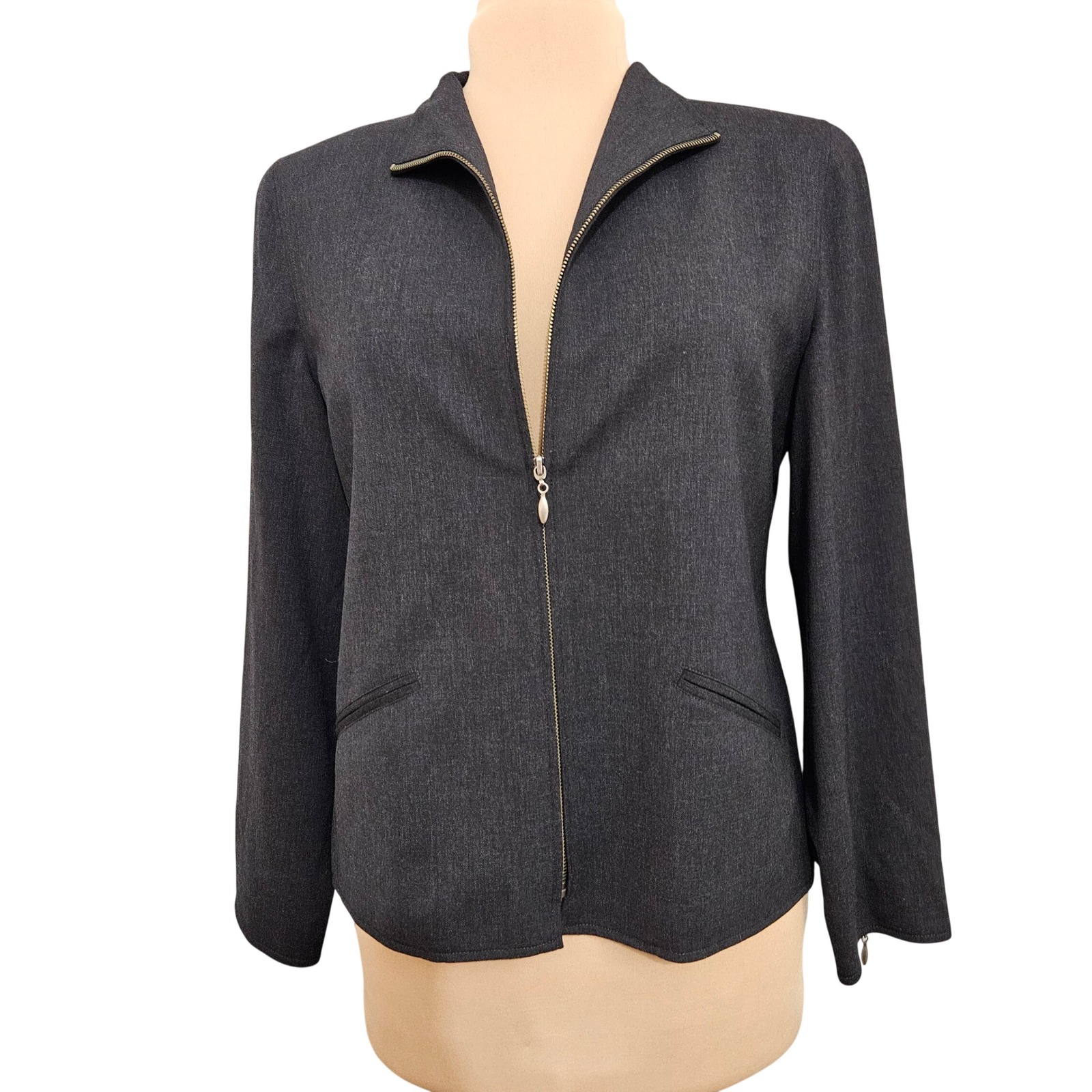 New Lauren Ralph Lauren Womens Charcoal Worsted Wool Zip Front Blazer Jacket 10